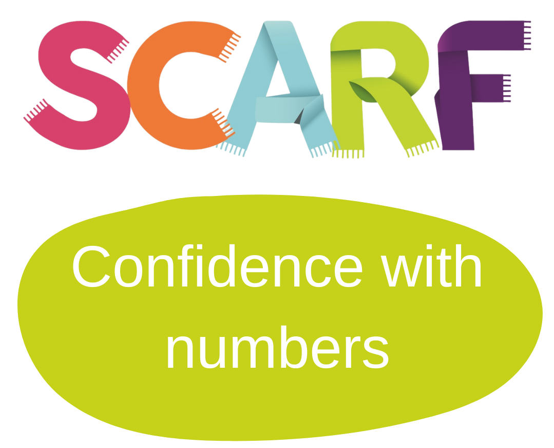cropped SCARF logo plus Confidence in Numbers written over a lime green disc